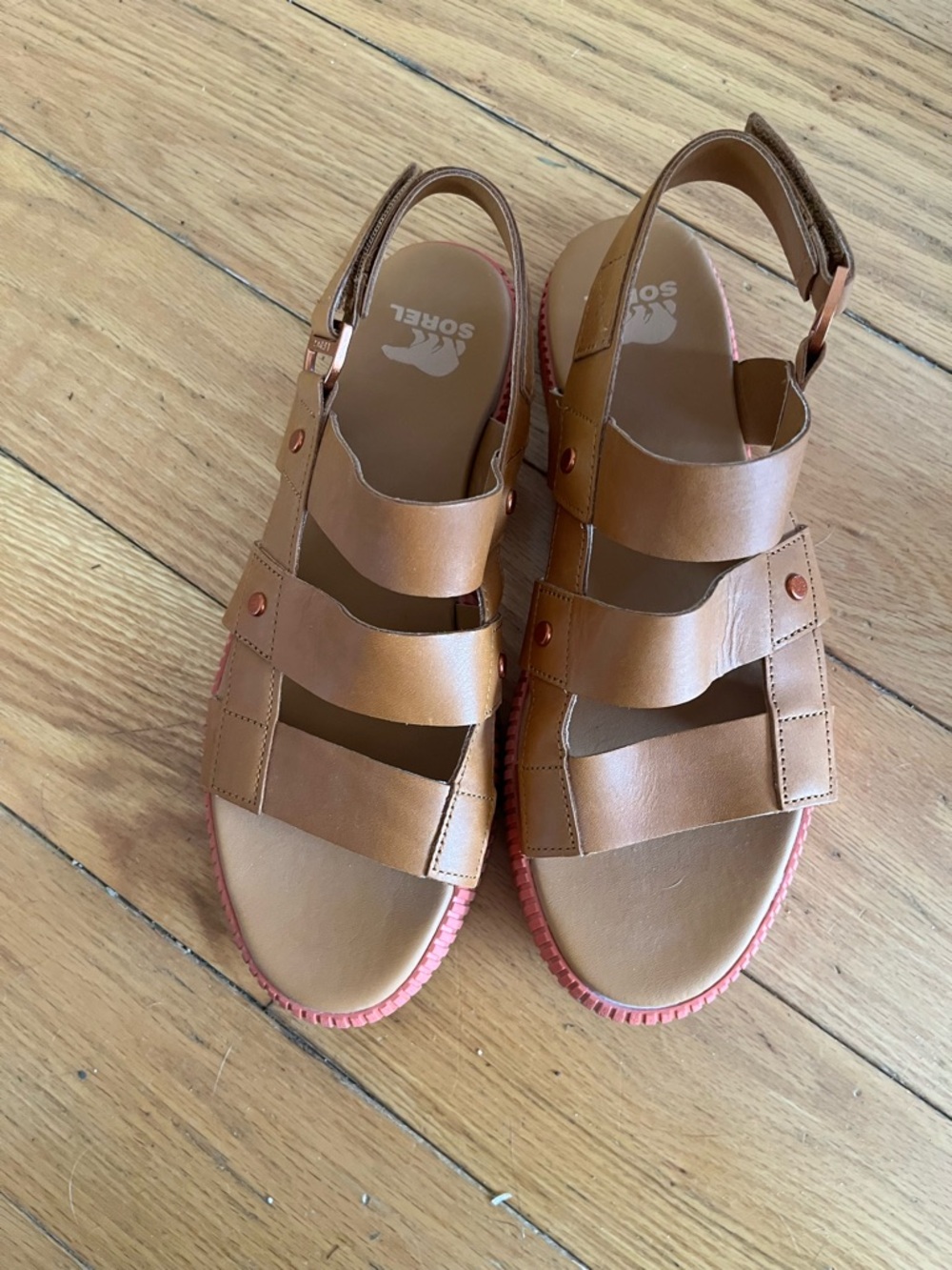 Sorel Tan Leather Three-Strap Sandals